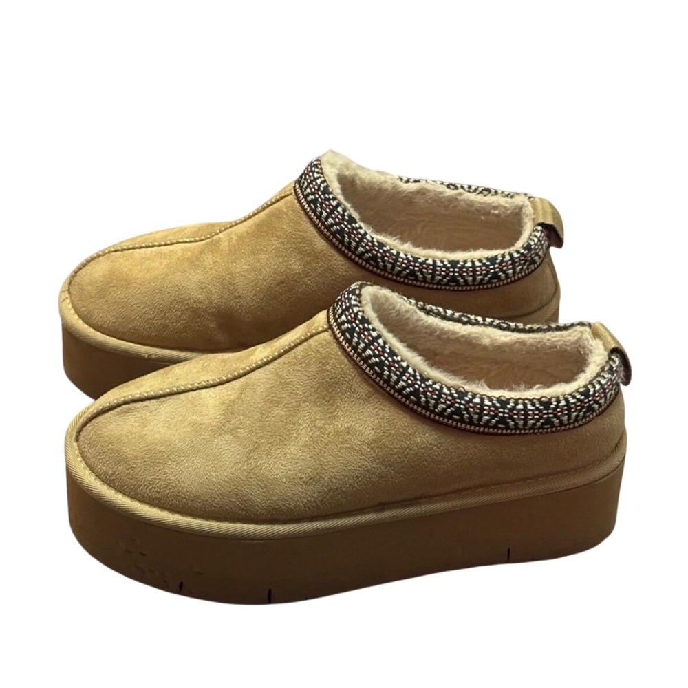 Rock & Candy Tonia Women 9 Tan Platform Slipper Faux Fur Mule Boho Clog 2in Sole